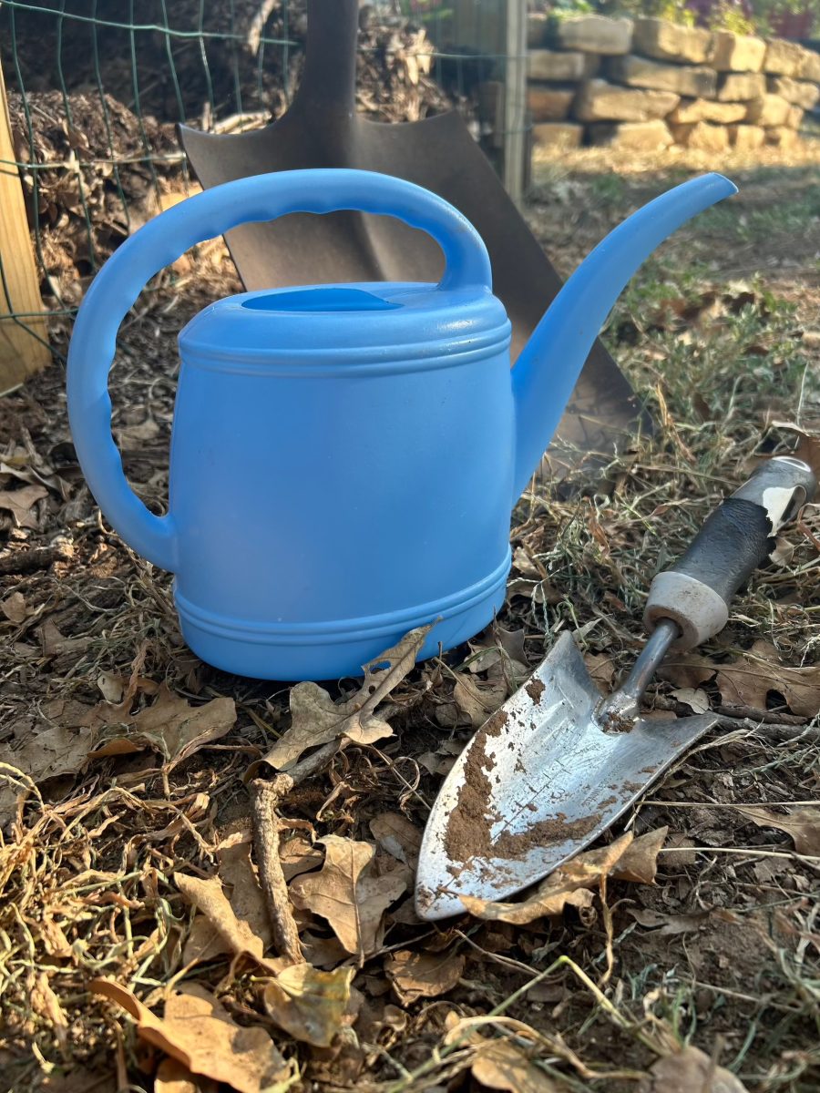 Watering can and hand spade: essential garden tools