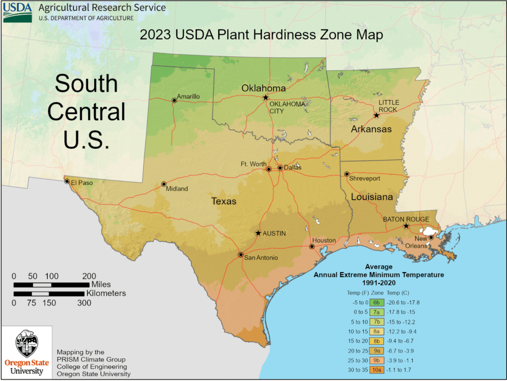 USDA's plant hardiness zone map showing Texas in South Central US