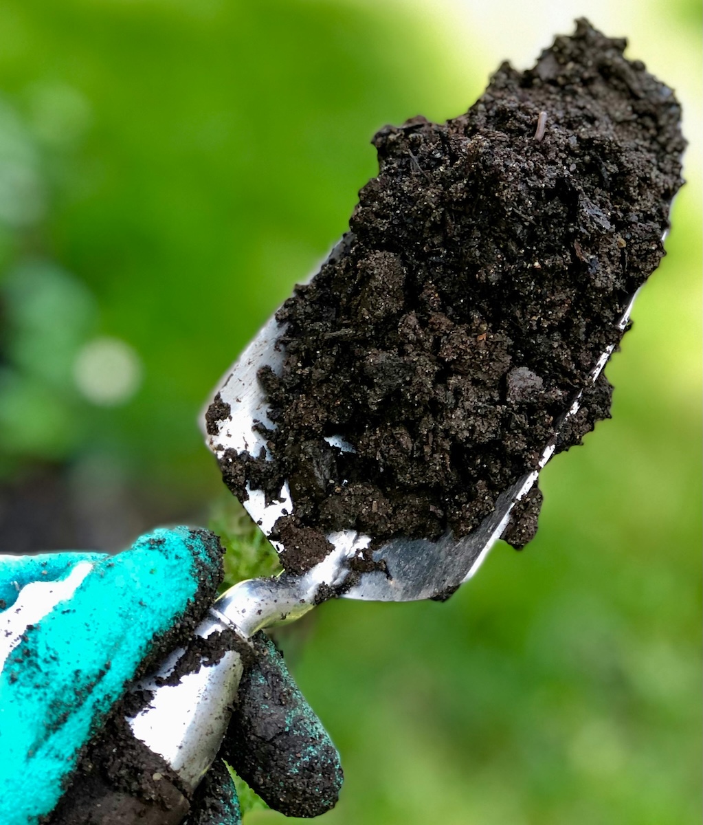 Hand trowel moving garden soil for spring prep